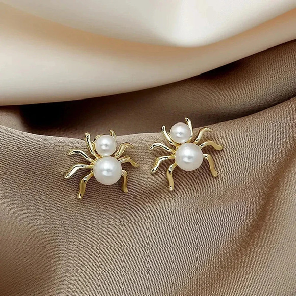Faux Pearl Halloween Spider Earrings Personalized Creative Gold Tone - Picture 1 of 5